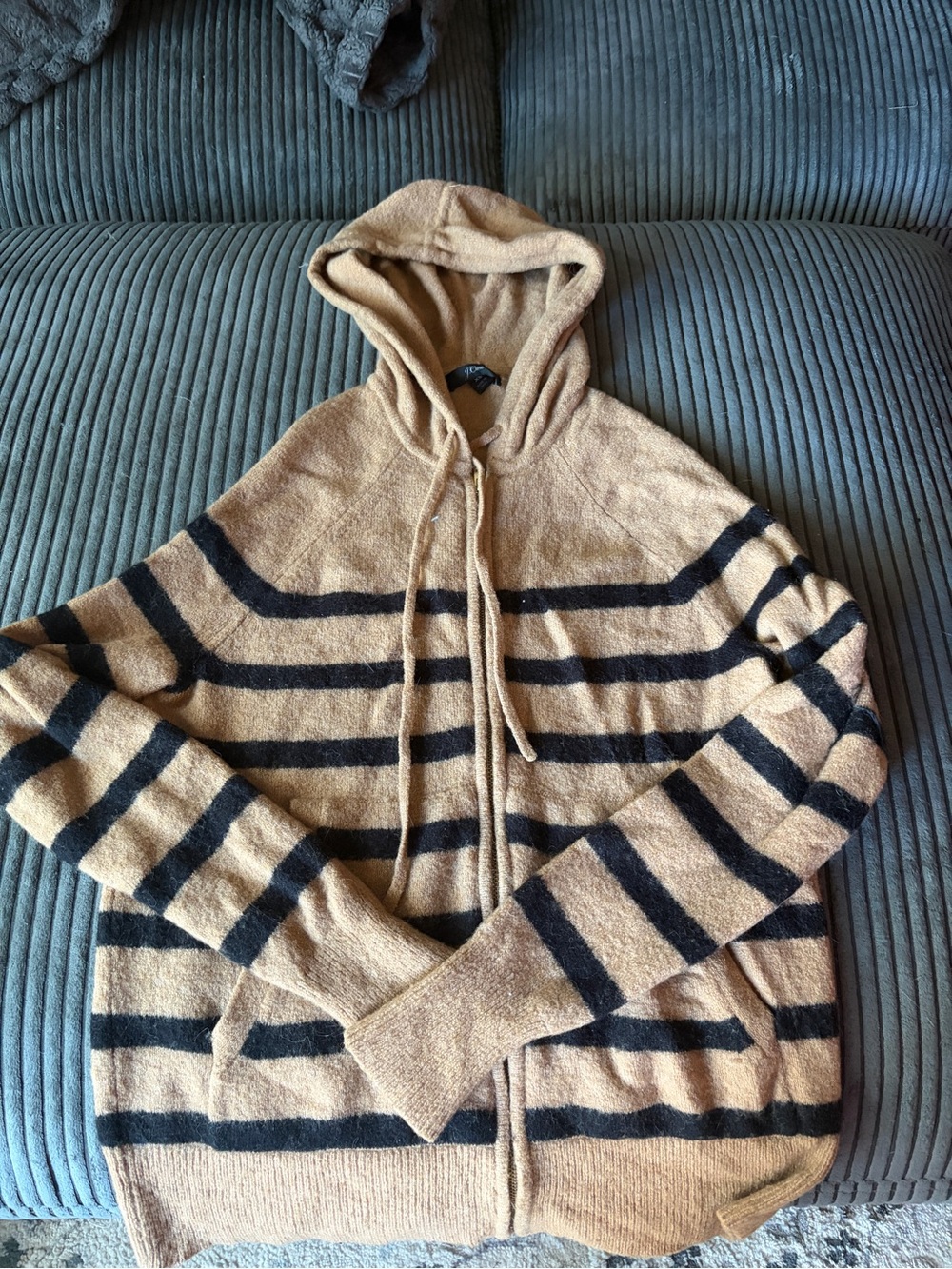 J. Crew Women’s Zip Hoodie Sweater in Tan with Black Stripes